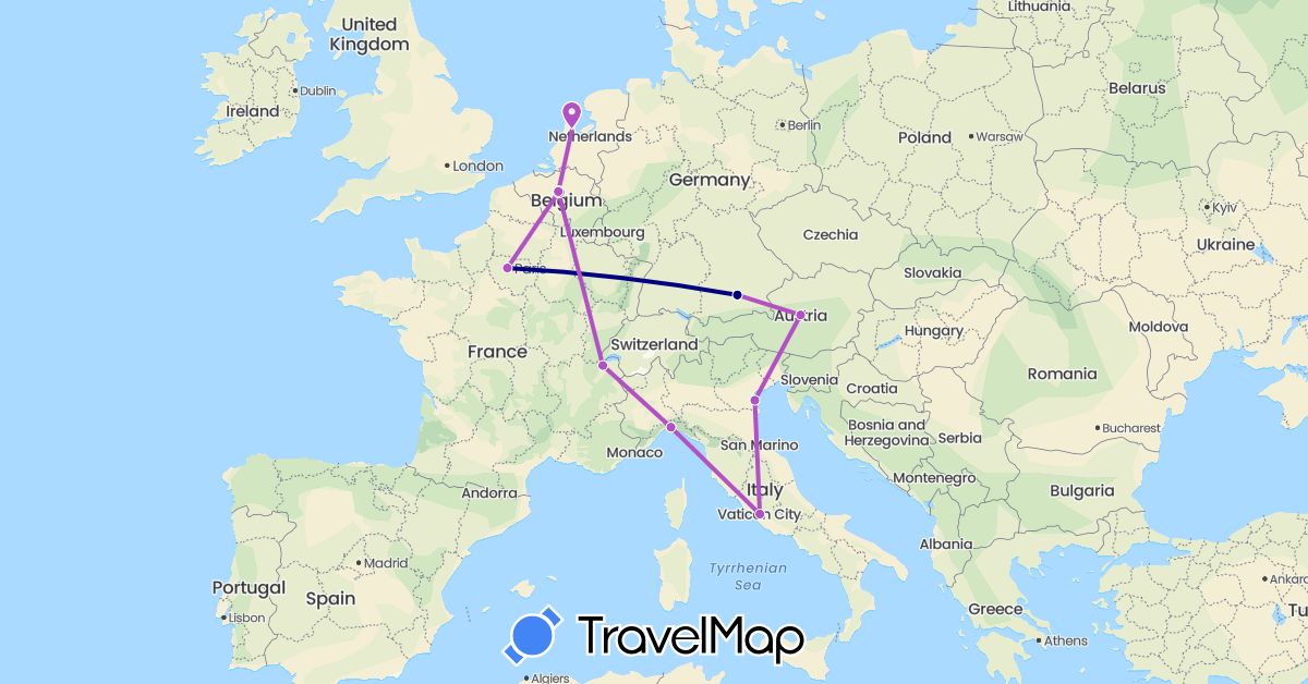 TravelMap itinerary: driving, train in Austria, Belgium, Switzerland, Germany, France, Italy, Netherlands (Europe)